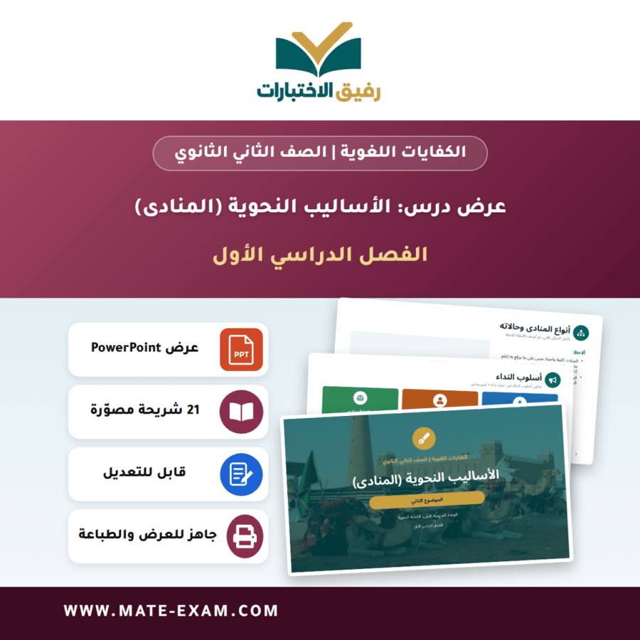 عرض درس الأساليب النحوية (المنادى) - الكفايات اللغوية الصف الثاني الثانوي - الفصل الدراسي الأول
