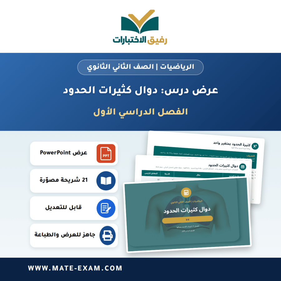 عرض درس دوال كثيرات الحدود - الرياضيات الصف الثاني الثانوي - الفصل الدراسي الأول