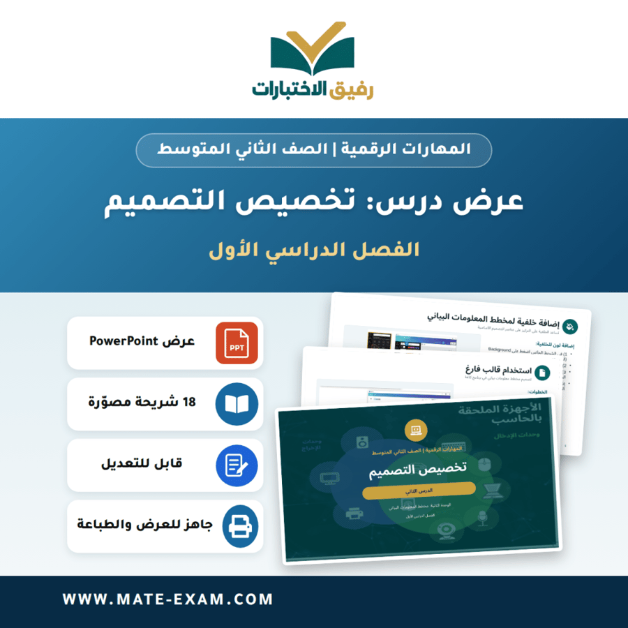 عرض درس تخصيص التصميم - المهارات الرقمية الصف الثاني المتوسط - الفصل الدراسي الأول