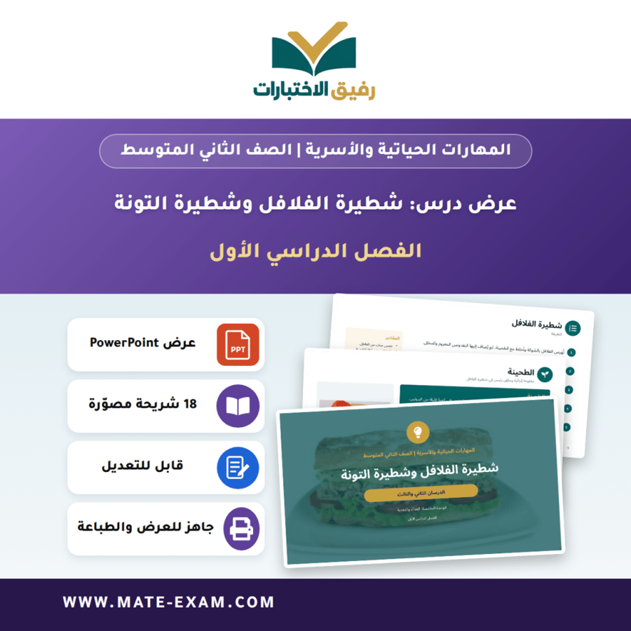 عرض درس شطيرة الفلافل وشطيرة التونة - المهارات الحياتية والأسرية الصف الثاني المتوسط - الفصل الدراسي الأول