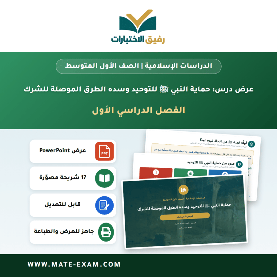 عرض درس حماية النبي ﷺ للتوحيد وسده الطرق الموصلة للشرك - الدراسات الإسلامية الصف الأول المتوسط - الفصل الدراسي الأول