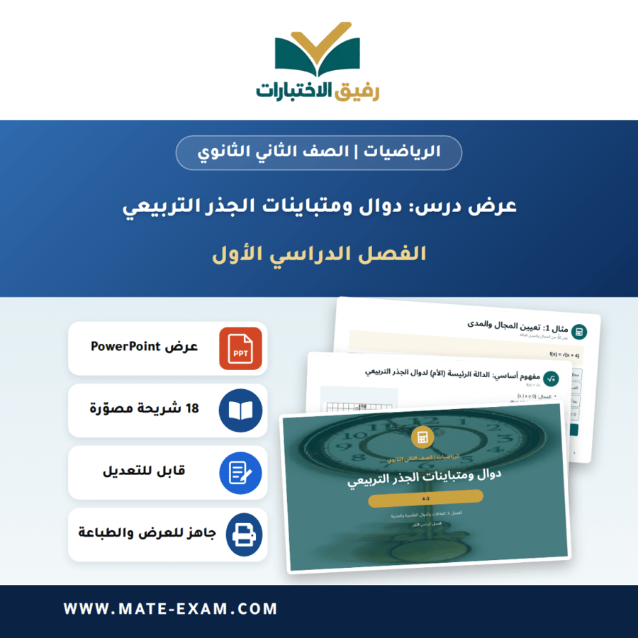عرض درس دوال ومتباينات الجذر التربيعي - الرياضيات الصف الثاني الثانوي - الفصل الدراسي الأول