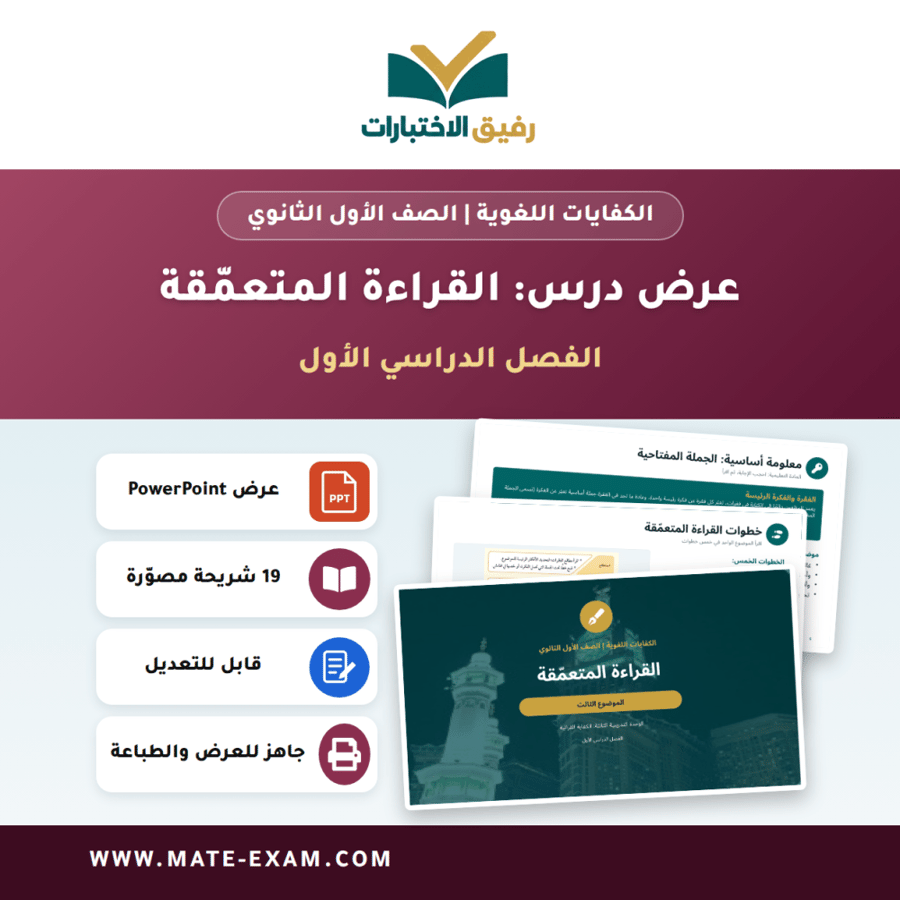 عرض درس القراءة المتعمّقة - الكفايات اللغوية الصف الأول الثانوي - الفصل الدراسي الأول