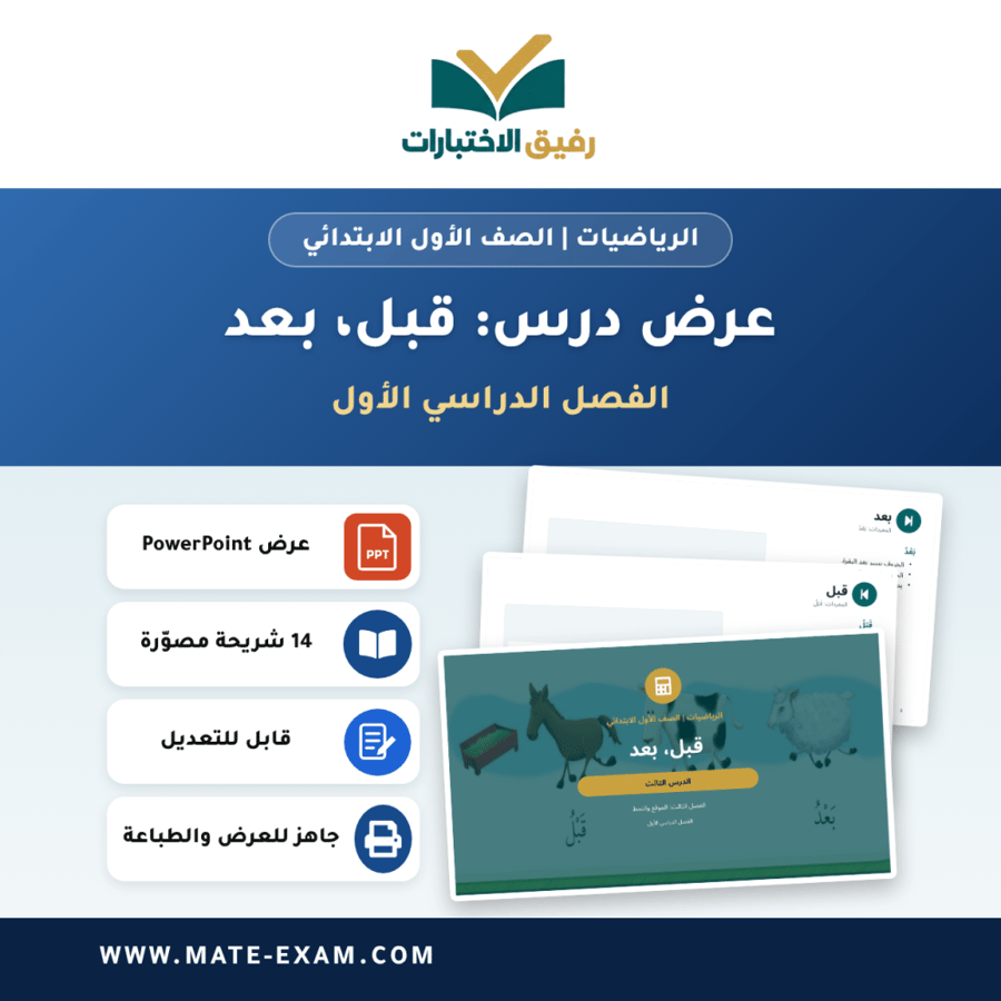 عرض درس قبل، بعد - الرياضيات الصف الأول الابتدائي - الفصل الدراسي الأول