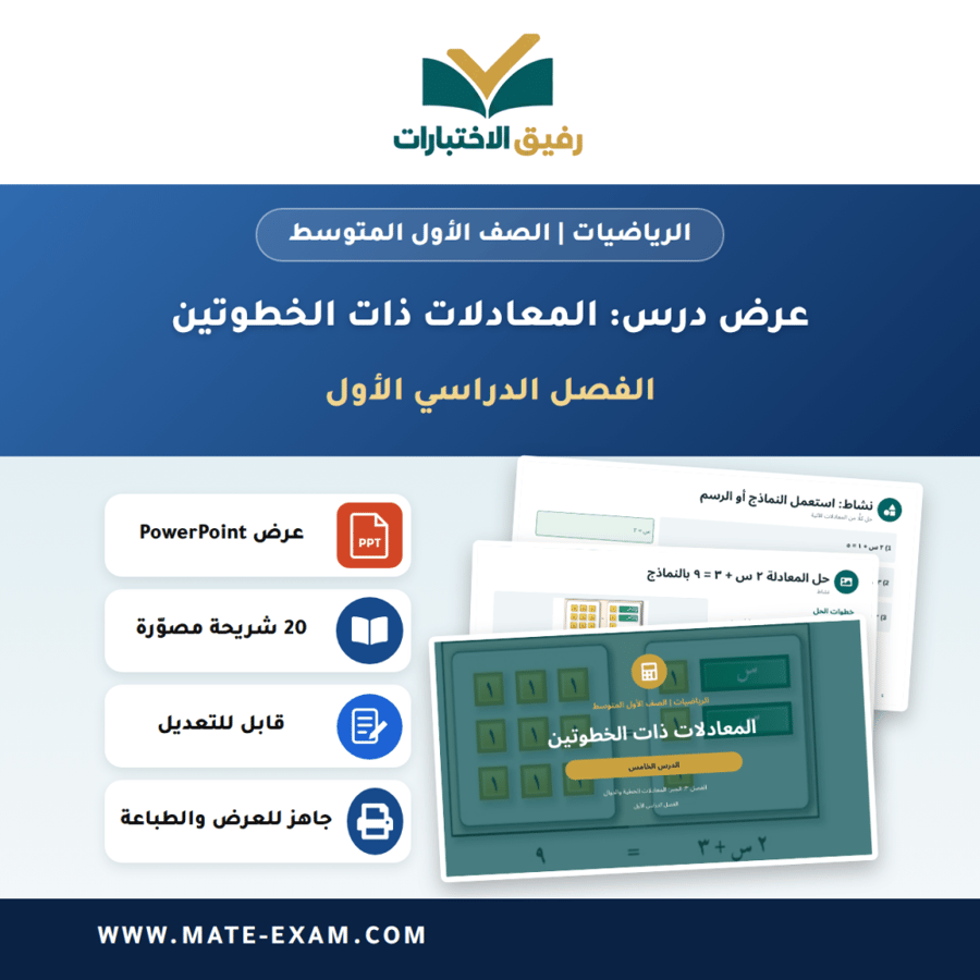 عرض درس المعادلات ذات الخطوتين - الرياضيات الصف الأول المتوسط - الفصل الدراسي الأول