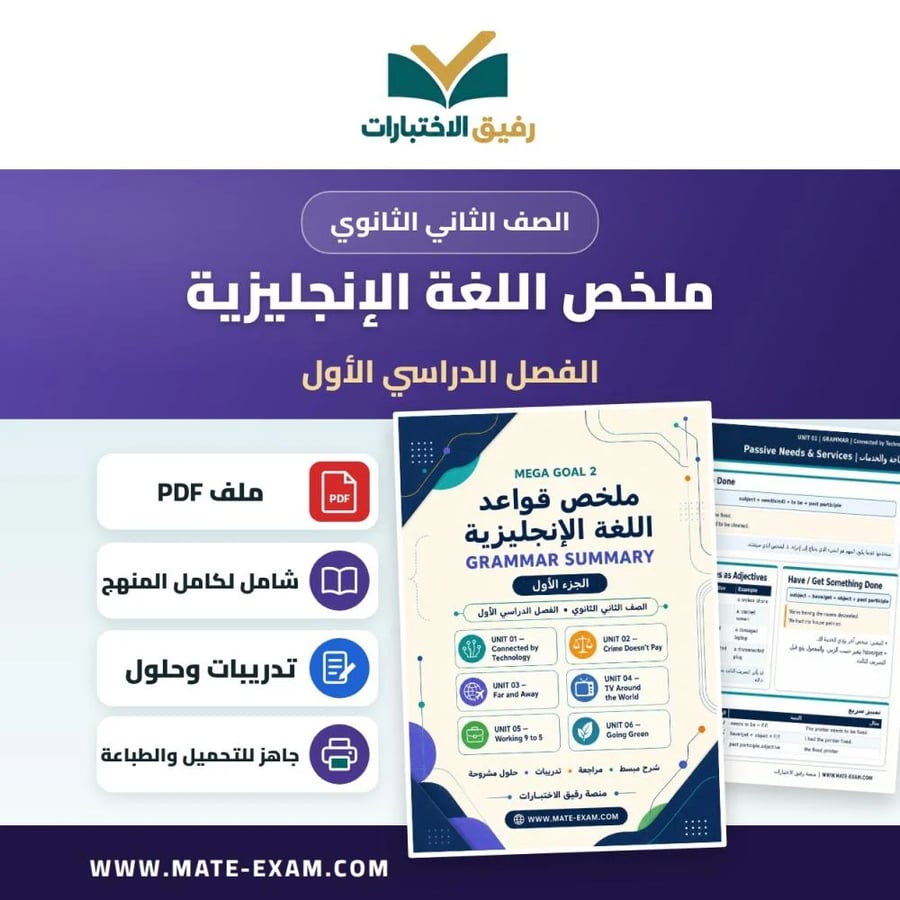 ملخص قواعد اللغة الإنجليزية Mega Goal 2 ثاني ثانوي الفصل الأول 1448 هـ