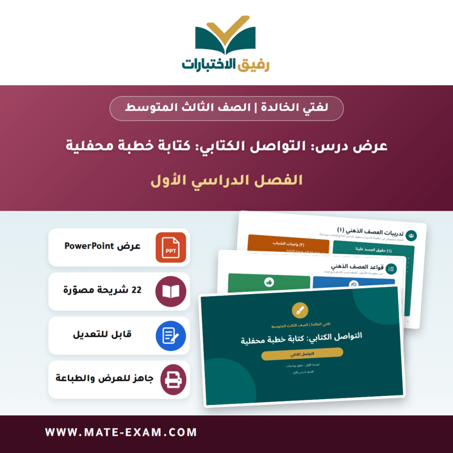 عرض درس التواصل الكتابي: كتابة خطبة محفلية - لغتي الخالدة الصف الثالث المتوسط - الفصل الدراسي الأول