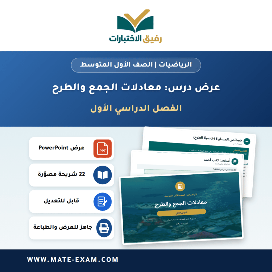 عرض درس معادلات الجمع والطرح - الرياضيات الصف الأول المتوسط - الفصل الدراسي الأول