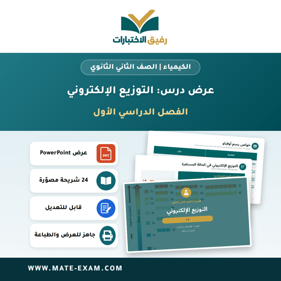 عرض درس التوزيع الإلكتروني - الكيمياء الصف الثاني الثانوي - الفصل الدراسي الأول