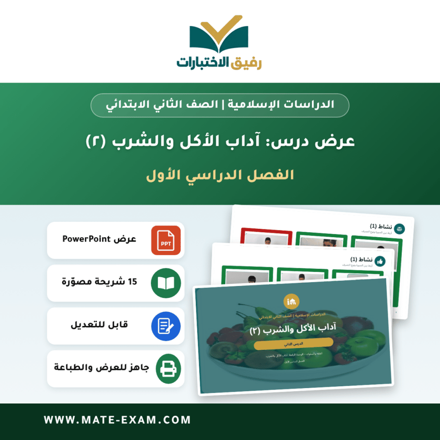 عرض درس آداب الأكل والشرب (٢) - الدراسات الإسلامية الصف الثاني الابتدائي - الفصل الدراسي الأول