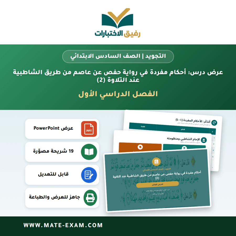 عرض درس أحكام مفردة في رواية حفص عن عاصم من طريق الشاطبية عند التلاوة (2) - التجويد الصف السادس الابتدائي - الفصل الدراسي الأول