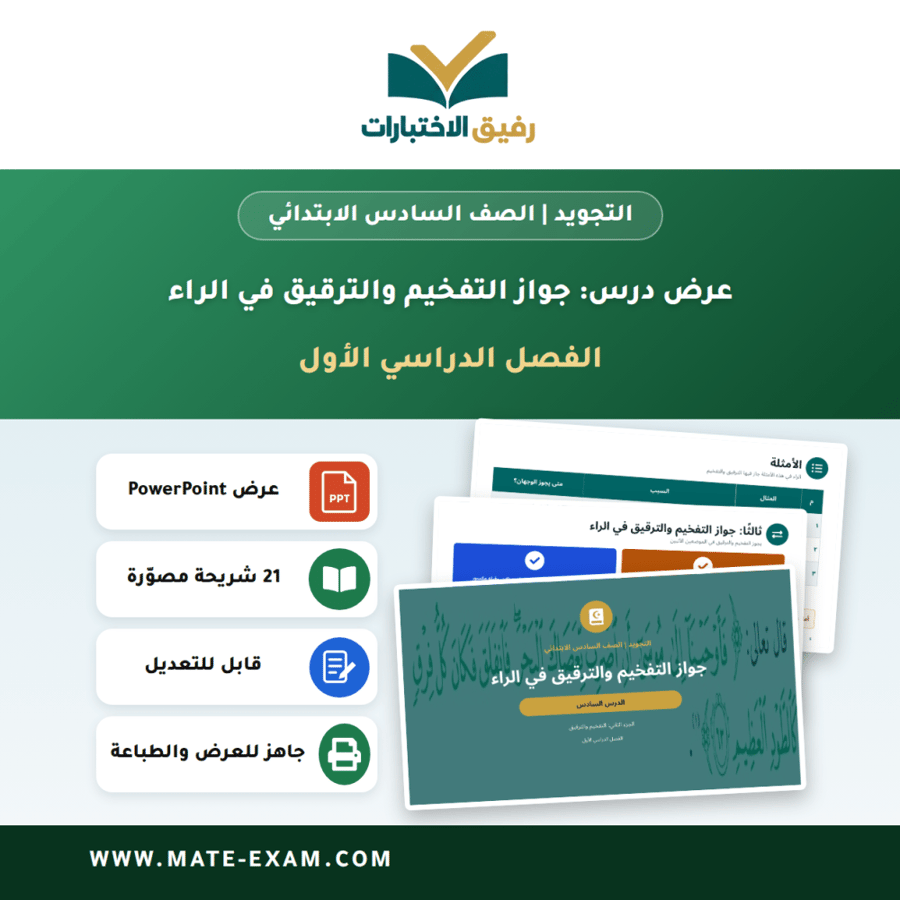 عرض درس جواز التفخيم والترقيق في الراء - التجويد الصف السادس الابتدائي - الفصل الدراسي الأول