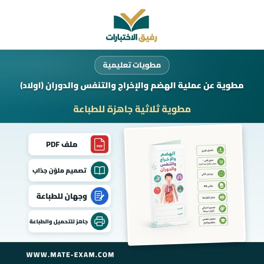 مطوية عن عملية الهضم و الإخراج و التنفس والدوران (اولاد)
