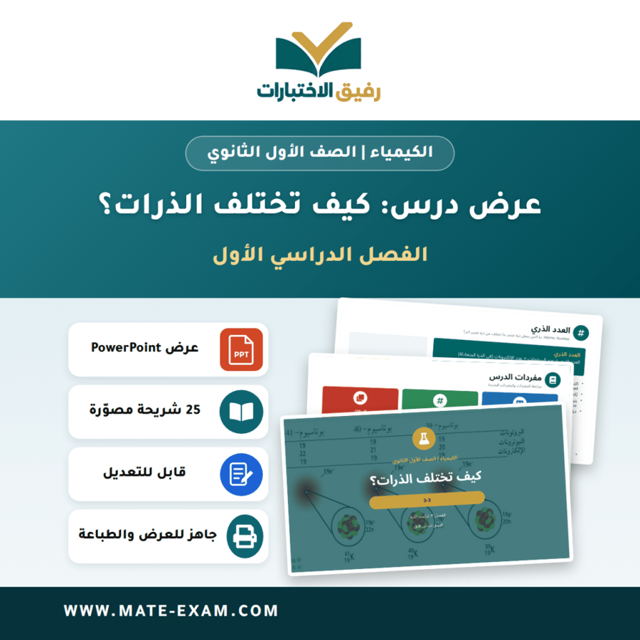 عرض درس كيف تختلف الذرات؟ - الكيمياء الصف الأول الثانوي - الفصل الدراسي الأول