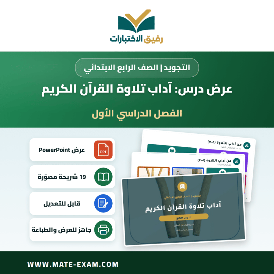 عرض درس آداب تلاوة القرآن الكريم - التجويد الصف الرابع الابتدائي - الفصل الدراسي الأول
