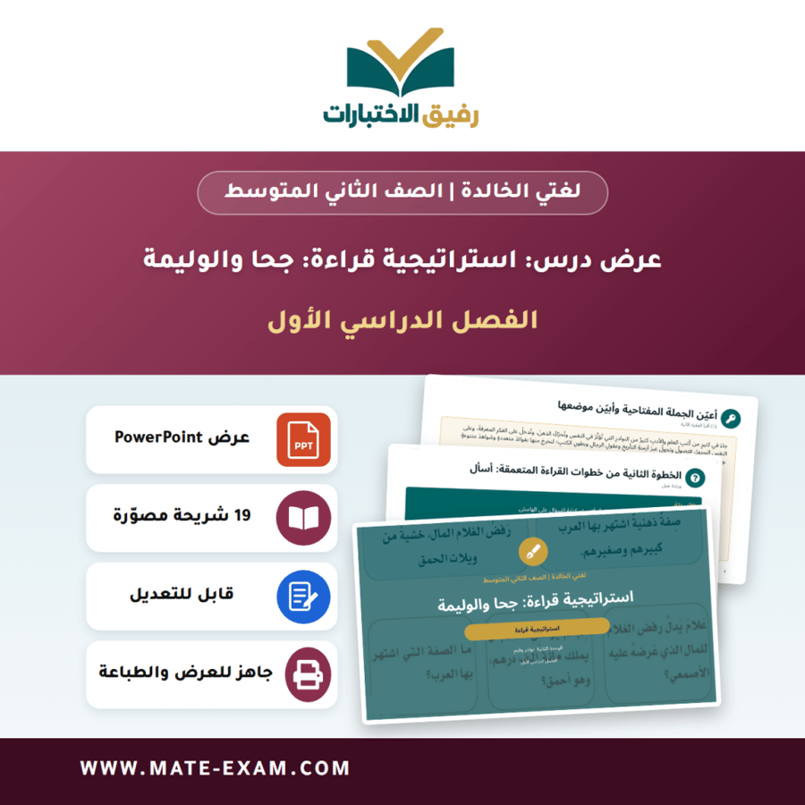 عرض درس استراتيجية قراءة: جحا والوليمة - لغتي الخالدة الصف الثاني المتوسط - الفصل الدراسي الأول