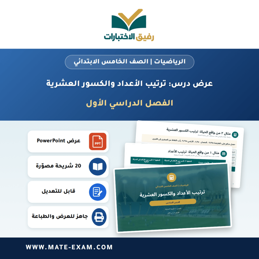عرض درس ترتيب الأعداد والكسور العشرية - الرياضيات الصف الخامس الابتدائي - الفصل الدراسي الأول