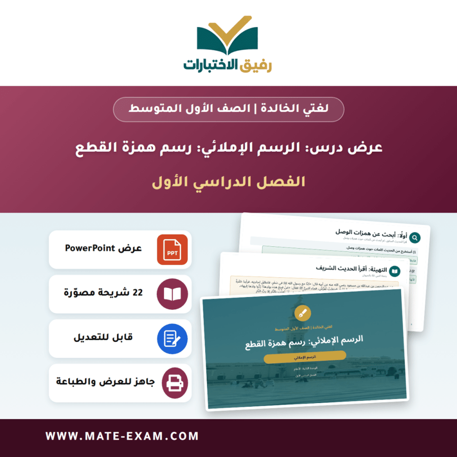 عرض درس الرسم الإملائي: رسم همزة القطع - لغتي الخالدة الصف الأول المتوسط - الفصل الدراسي الأول