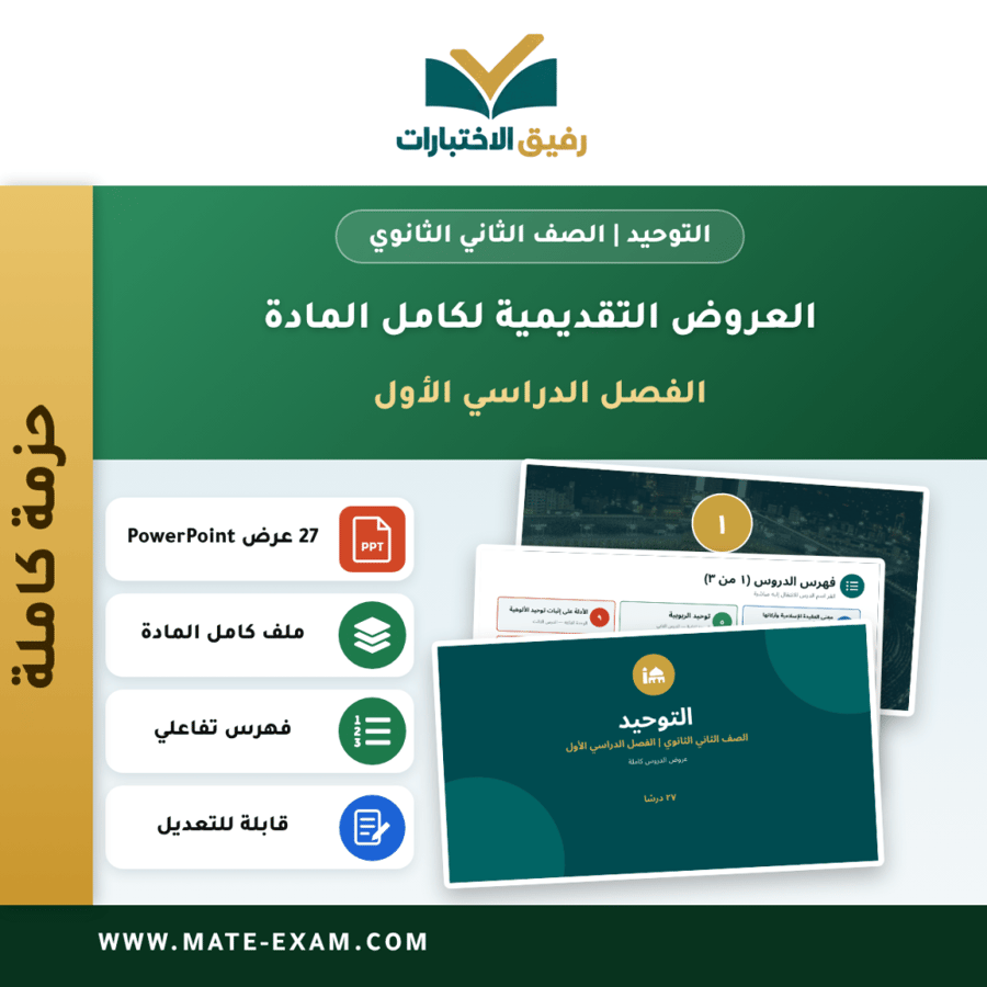 العروض التقديمية لكامل مادة التوحيد - الصف الثاني الثانوي - الفصل الدراسي الأول (27 درسًا)