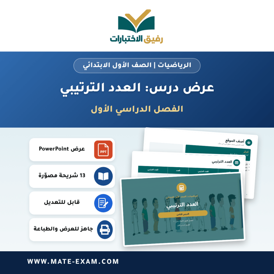 عرض درس العدد الترتيبي - الرياضيات الصف الأول الابتدائي - الفصل الدراسي الأول