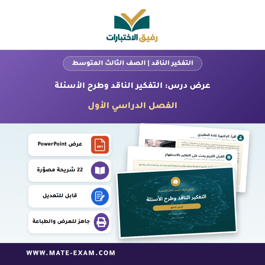 عرض درس التفكير الناقد وطرح الأسئلة - التفكير الناقد الصف الثالث المتوسط - الفصل الدراسي الأول
