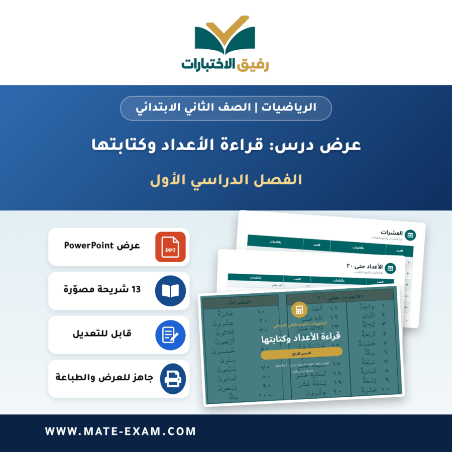 عرض درس قراءة الأعداد وكتابتها - الرياضيات الصف الثاني الابتدائي - الفصل الدراسي الأول