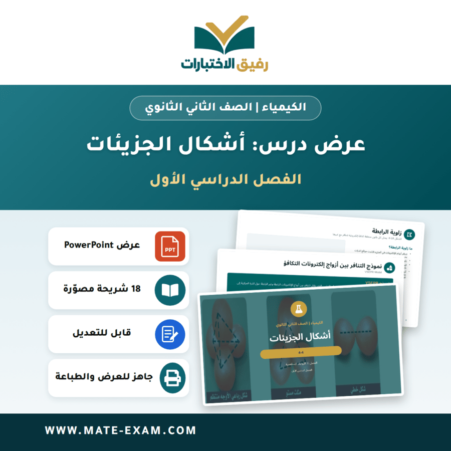 عرض درس أشكال الجزيئات - الكيمياء الصف الثاني الثانوي - الفصل الدراسي الأول