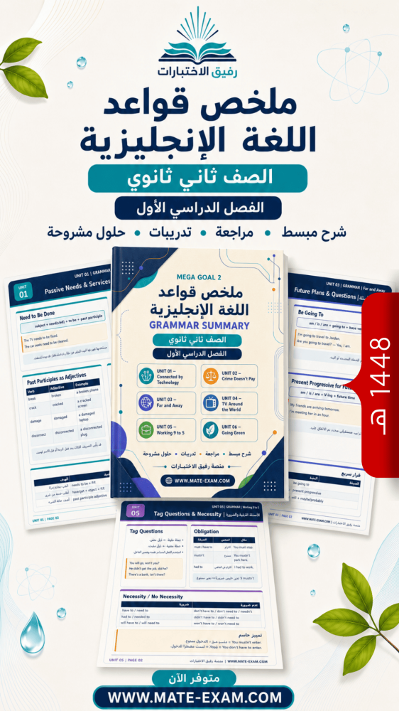 ملخص قواعد اللغة الإنجليزية Mega Goal 2 ثاني ثانوي الفصل الأول 1448 هـ