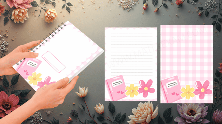 Notebook cover for girls with book and flowers design