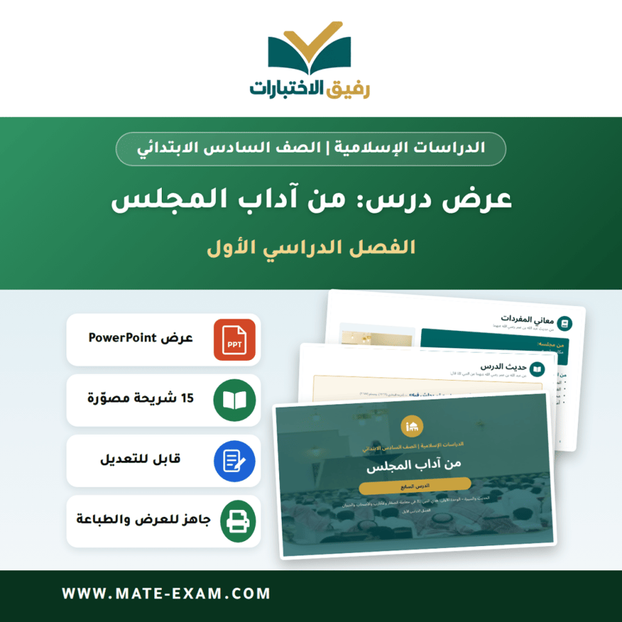 عرض درس من آداب المجلس - الدراسات الإسلامية الصف السادس الابتدائي - الفصل الدراسي الأول
