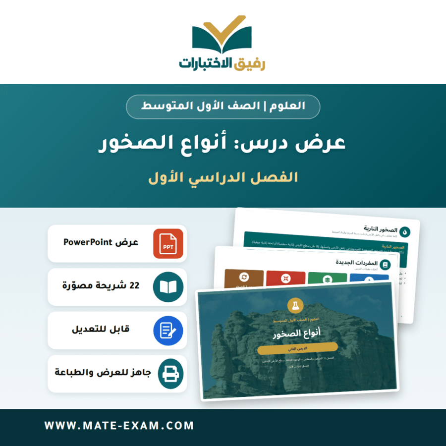 عرض درس أنواع الصخور - العلوم الصف الأول المتوسط - الفصل الدراسي الأول