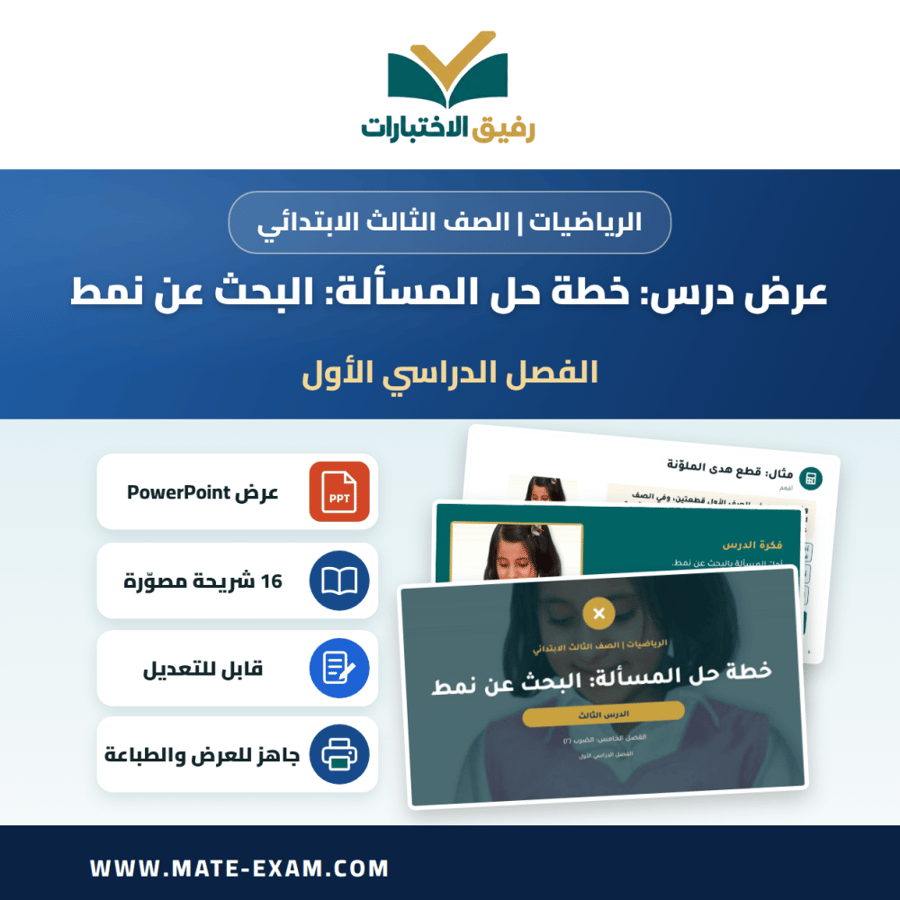عرض درس خطة حل المسألة: البحث عن نمط - الرياضيات الصف الثالث الابتدائي - الفصل الدراسي الأول