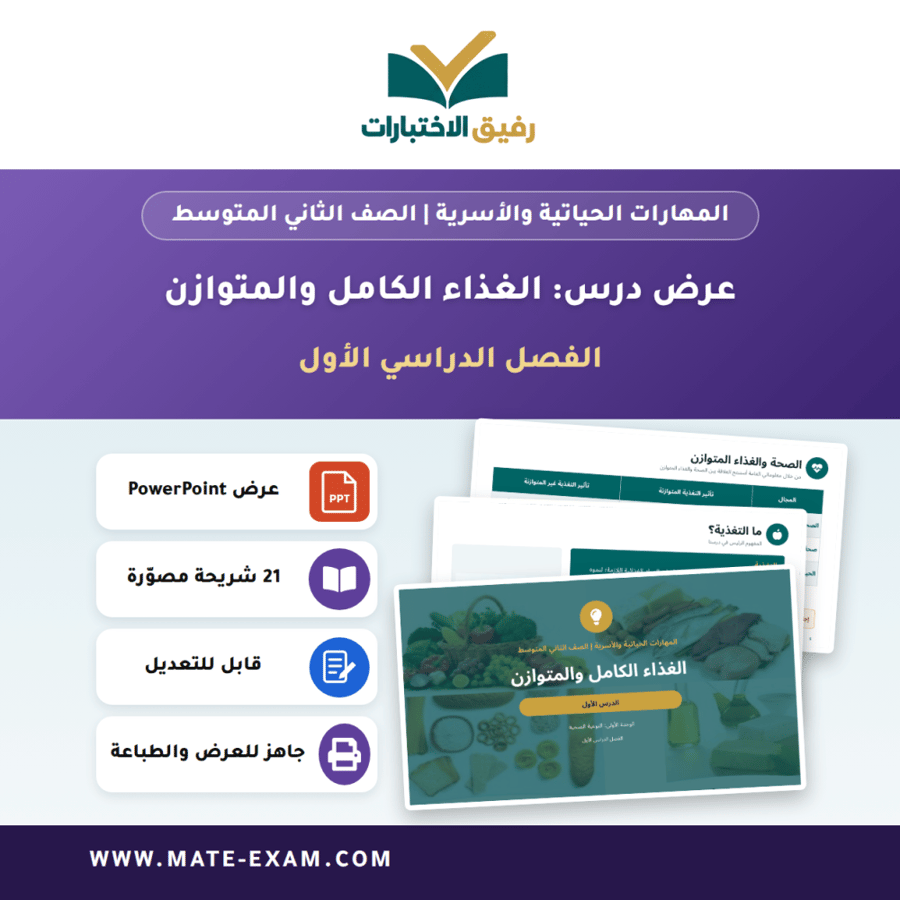 عرض درس الغذاء الكامل والمتوازن - المهارات الحياتية والأسرية الصف الثاني المتوسط - الفصل الدراسي الأول