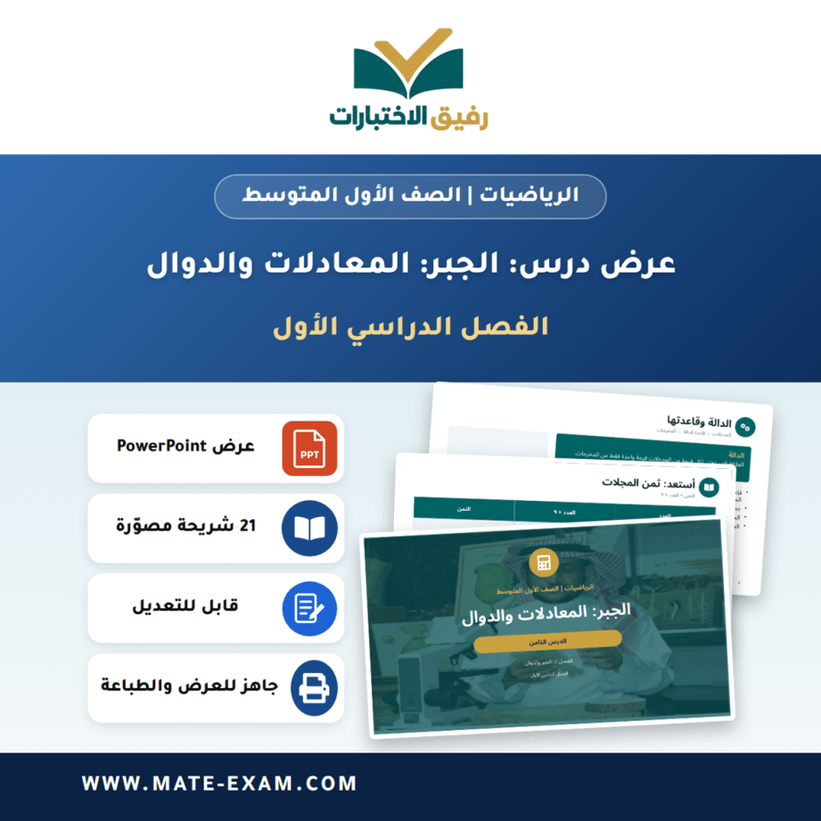 عرض درس الجبر: المعادلات والدوال - الرياضيات الصف الأول المتوسط - الفصل الدراسي الأول