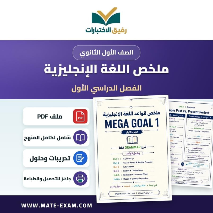 ملخص قواعد اللغة الإنجليزية Mega Goal 1 أول ثانوي الفصل الأول 1448 هـ