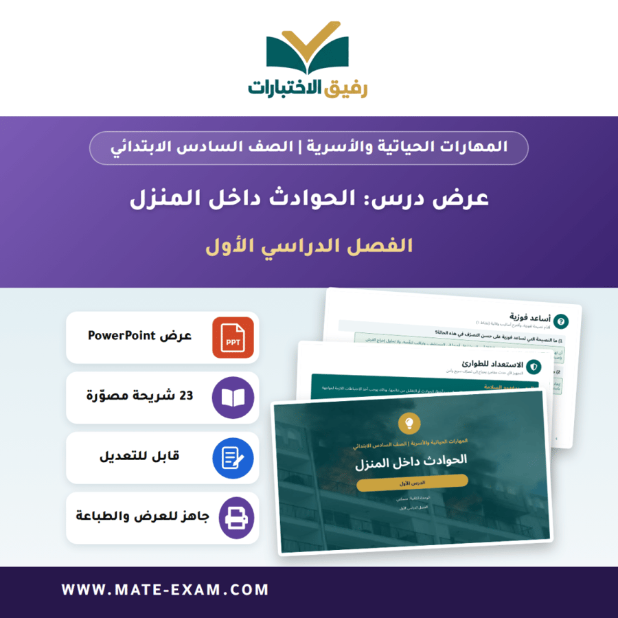 عرض درس الحوادث داخل المنزل - المهارات الحياتية والأسرية الصف السادس الابتدائي - الفصل الدراسي الأول