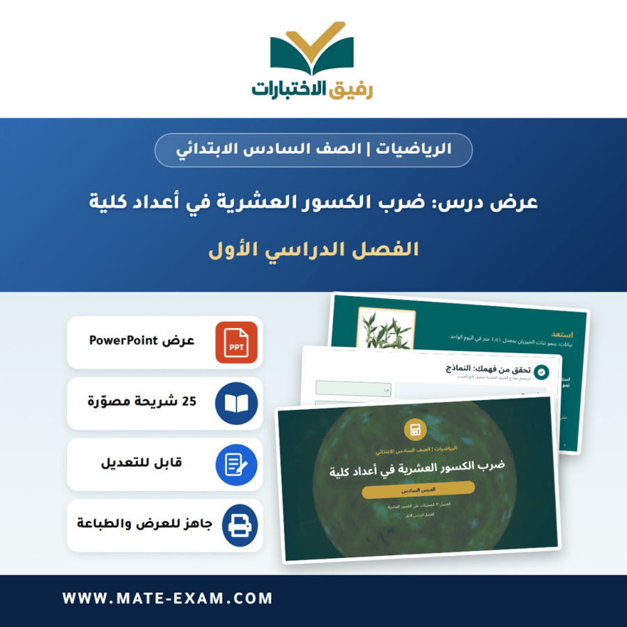 عرض درس ضرب الكسور العشرية في أعداد كلية - الرياضيات الصف السادس الابتدائي - الفصل الدراسي الأول