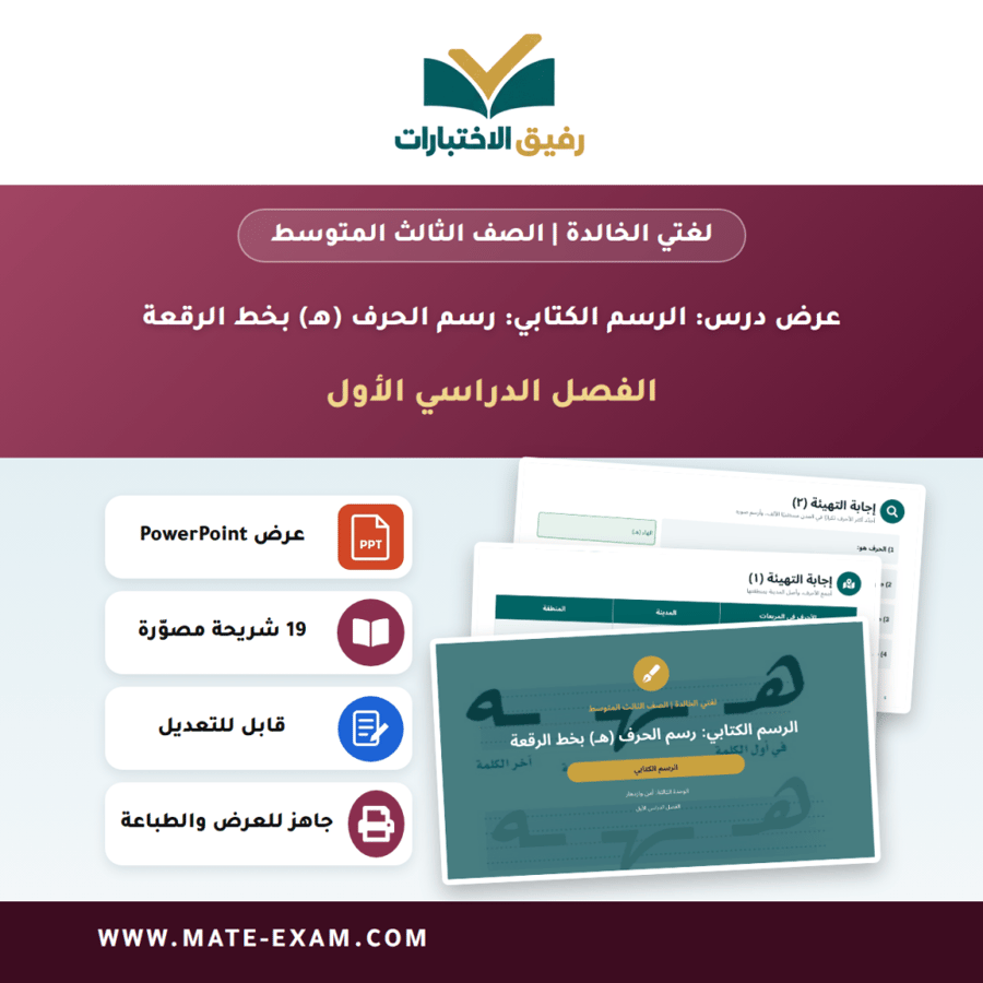 عرض درس الرسم الكتابي: رسم الحرف (هـ) بخط الرقعة - لغتي الخالدة الصف الثالث المتوسط - الفصل الدراسي الأول