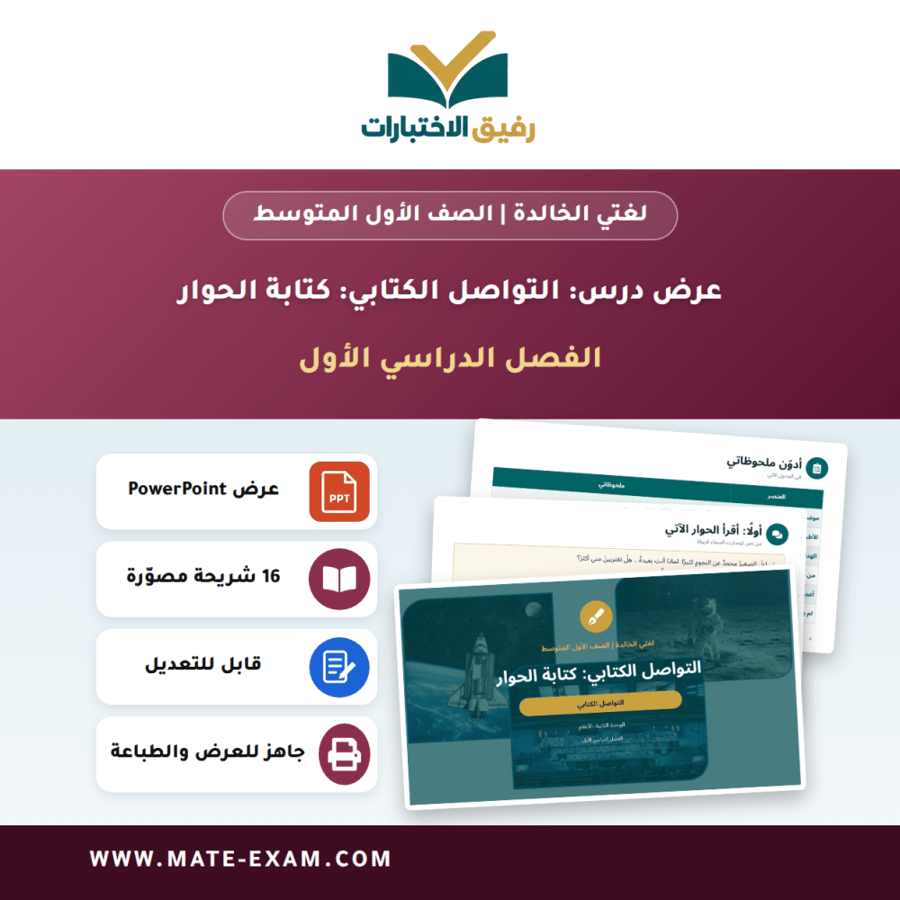 عرض درس التواصل الكتابي: كتابة الحوار - لغتي الخالدة الصف الأول المتوسط - الفصل الدراسي الأول