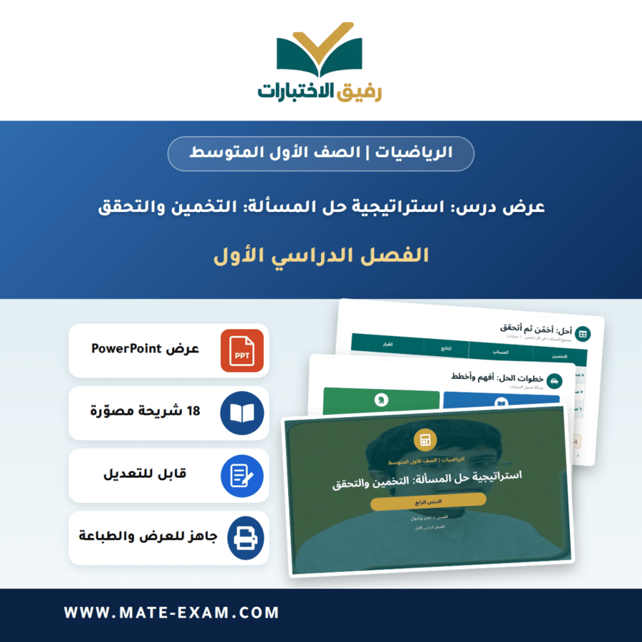 عرض درس استراتيجية حل المسألة: التخمين والتحقق - الرياضيات الصف الأول المتوسط - الفصل الدراسي الأول