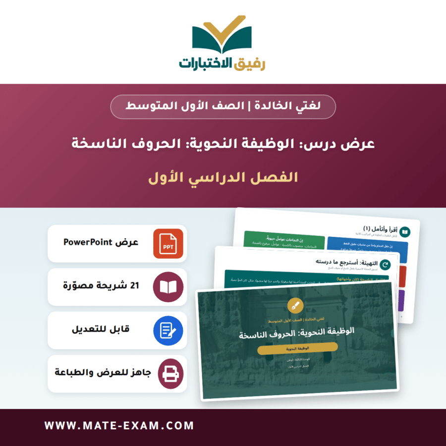 عرض درس الوظيفة النحوية: الحروف الناسخة - لغتي الخالدة الصف الأول المتوسط - الفصل الدراسي الأول