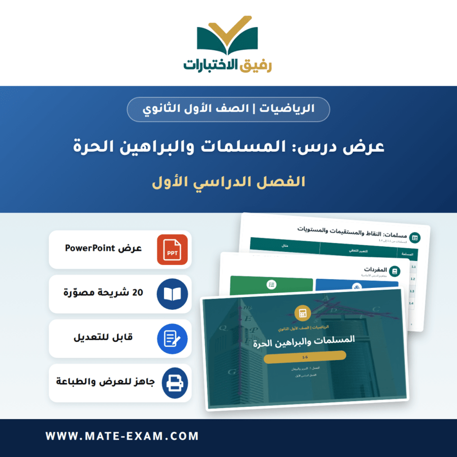 عرض درس المسلمات والبراهين الحرة - الرياضيات الصف الأول الثانوي - الفصل الدراسي الأول