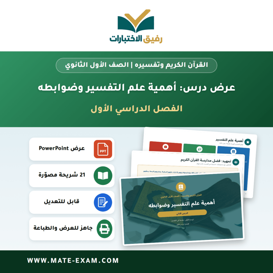 عرض درس أهمية علم التفسير وضوابطه - القرآن الكريم وتفسيره الصف الأول الثانوي - الفصل الدراسي الأول
