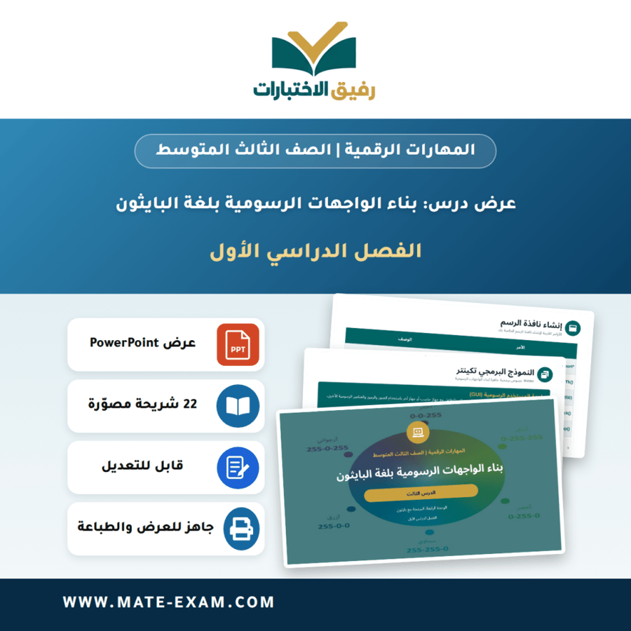 عرض درس بناء الواجهات الرسومية بلغة البايثون - المهارات الرقمية الصف الثالث المتوسط - الفصل الدراسي الأول