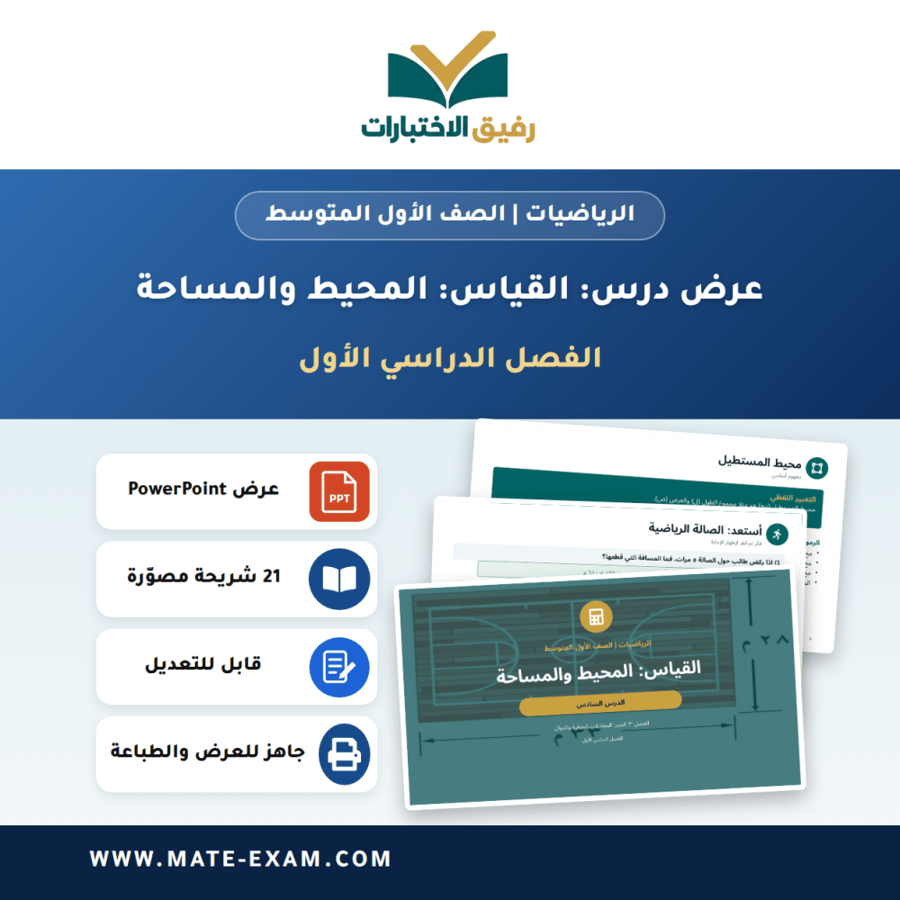 عرض درس القياس: المحيط والمساحة - الرياضيات الصف الأول المتوسط - الفصل الدراسي الأول