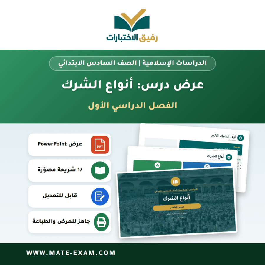 عرض درس أنواع الشرك - الدراسات الإسلامية الصف السادس الابتدائي - الفصل الدراسي الأول