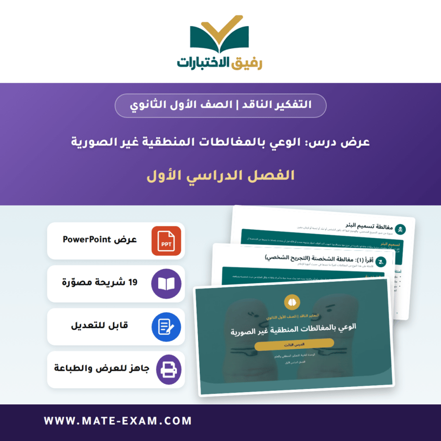 عرض درس الوعي بالمغالطات المنطقية غير الصورية - التفكير الناقد الصف الأول الثانوي - الفصل الدراسي الأول