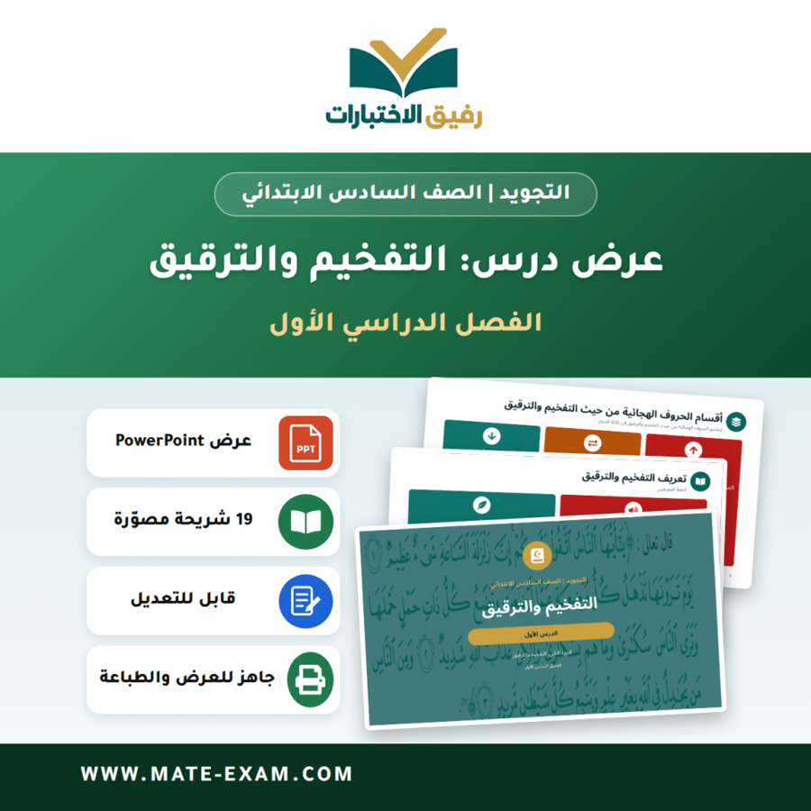 عرض درس التفخيم والترقيق - التجويد الصف السادس الابتدائي - الفصل الدراسي الأول