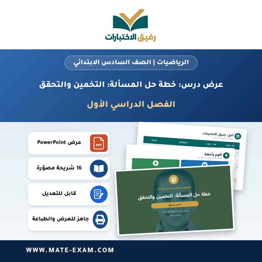 عرض درس خطة حل المسألة: التخمين والتحقق - الرياضيات الصف السادس الابتدائي - الفصل الدراسي الأول