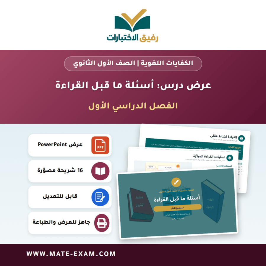 عرض درس أسئلة ما قبل القراءة - الكفايات اللغوية الصف الأول الثانوي - الفصل الدراسي الأول